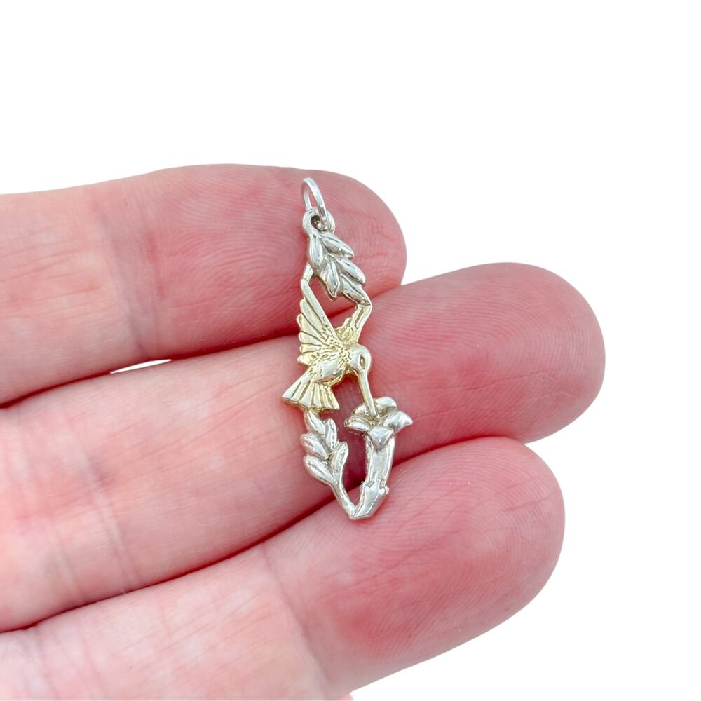 Vintage Sterling Silver 925 Gold Wash Hummingbird Flower Pendant